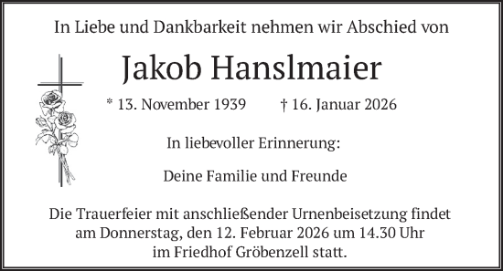 Traueranzeige von Jakob Hanslmaier von merkurtz