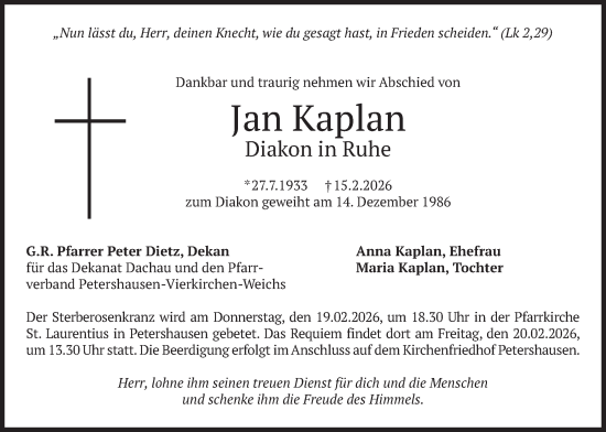 Traueranzeige von Jan Kaplan von merkurtz