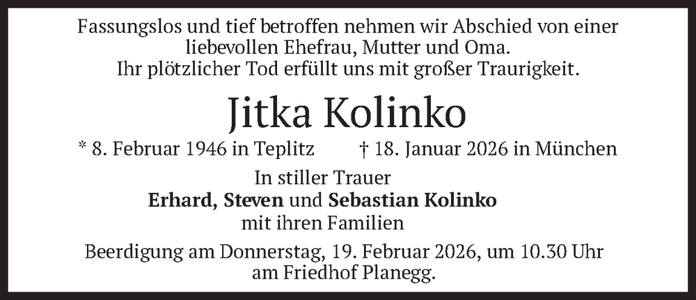  Traueranzeige für Jitka Kolinko vom 16.02.2026 aus merkurtz