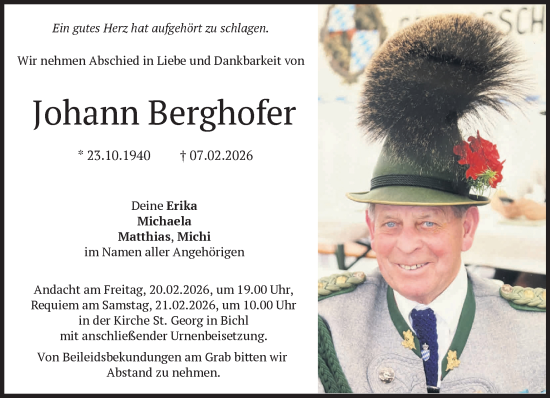 Traueranzeige von Johann Berghofer von Das Gelbe Blatt Penzberg