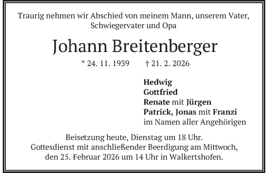Traueranzeige von Johann Breitenberger von merkurtz