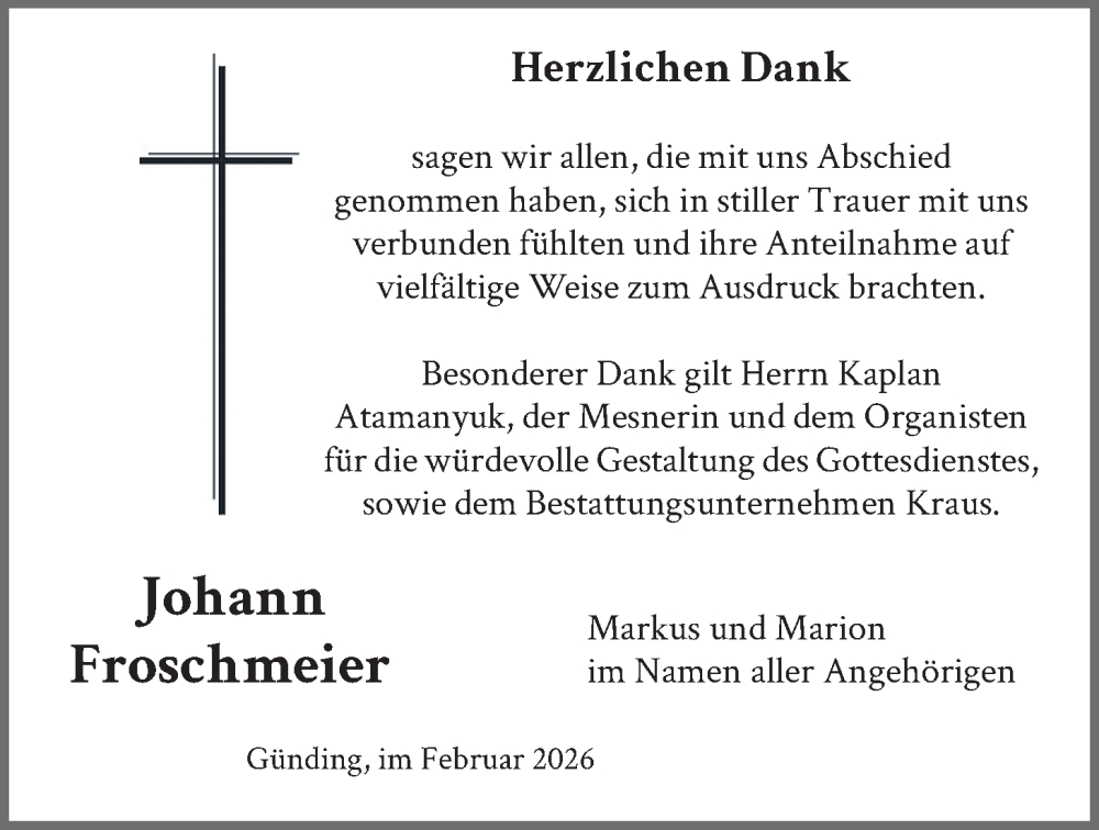  Traueranzeige für Johann Froschmeier vom 14.02.2026 aus merkurtz