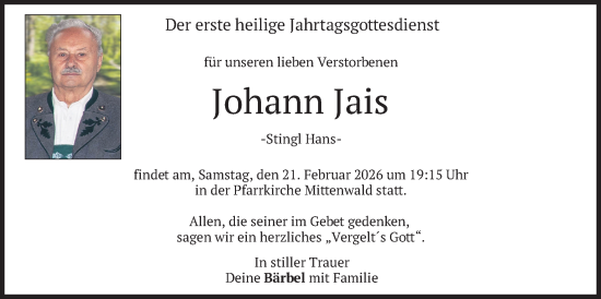 Traueranzeige von Johann Jais von merkurtz