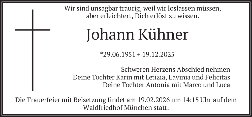  Traueranzeige für Johann Kühner vom 14.02.2026 aus merkurtz