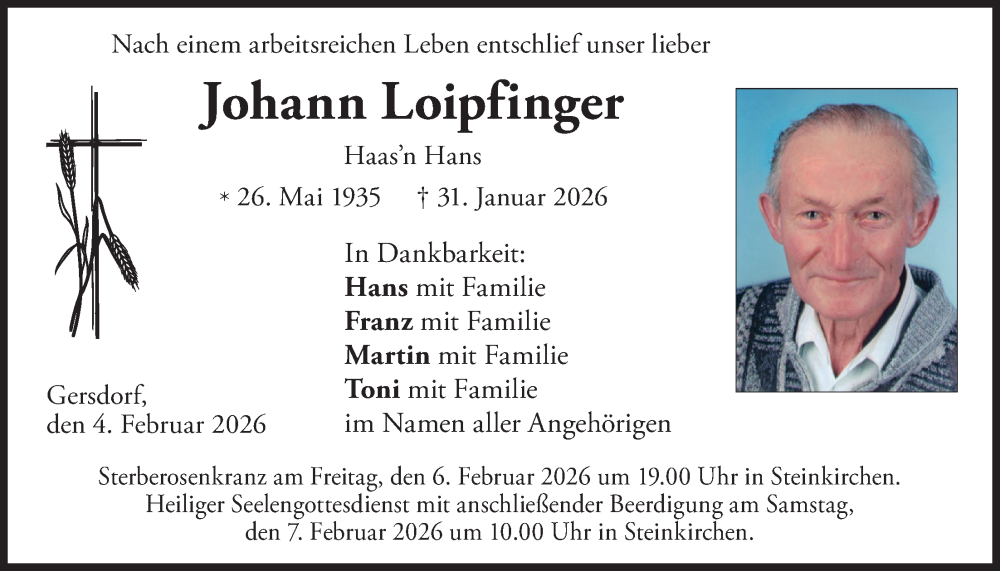  Traueranzeige für Johann Loipfinger vom 04.02.2026 aus merkurtz