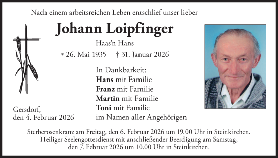 Traueranzeige von Johann Loipfinger von merkurtz