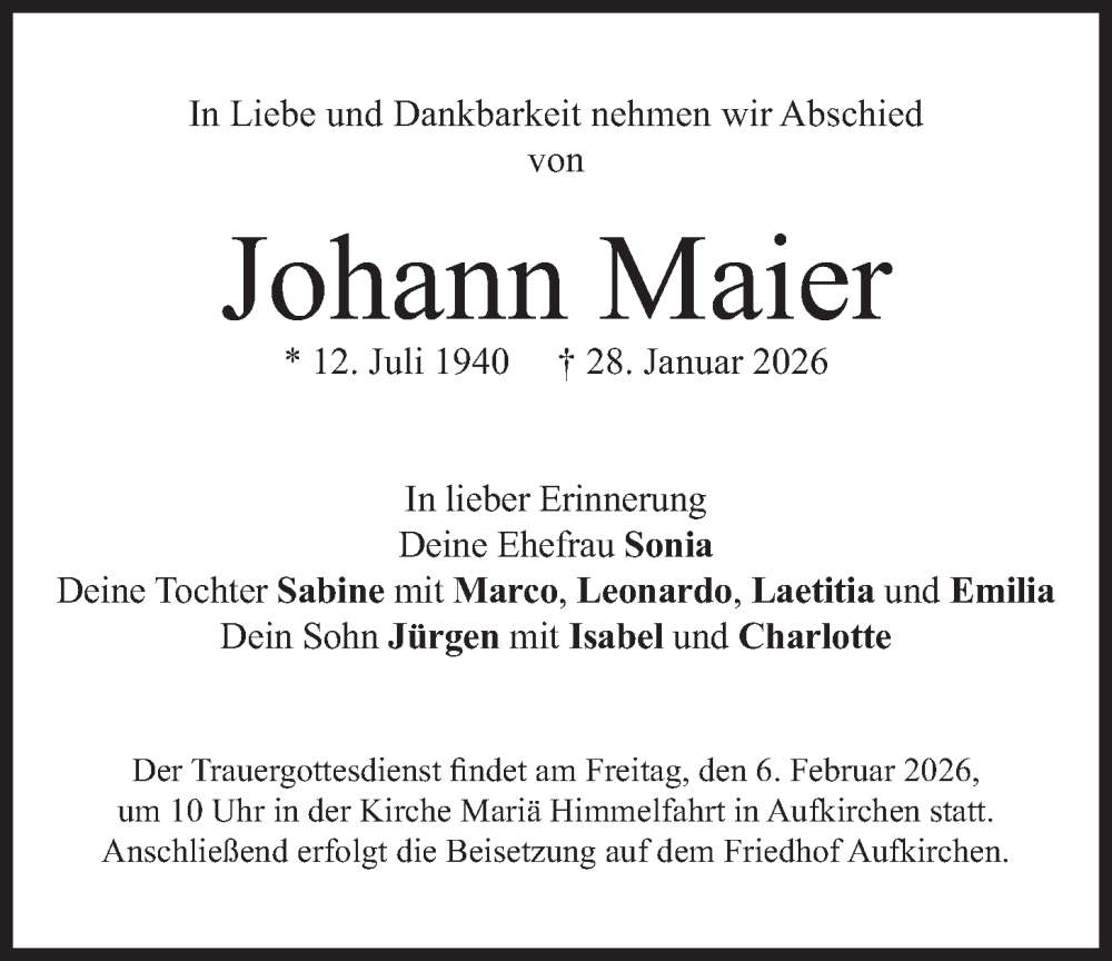  Traueranzeige für Johann Maier vom 03.02.2026 aus merkurtz