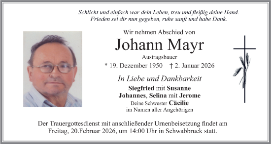 Traueranzeige von Johann Mayr von merkurtz