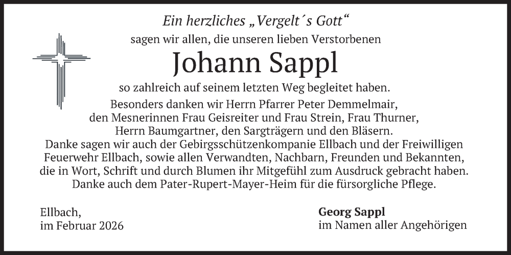  Traueranzeige für Johann Sappl vom 14.02.2026 aus merkurtz
