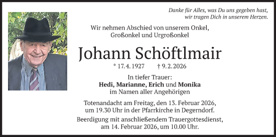 Traueranzeige von Johann Schöftlmair von merkurtz