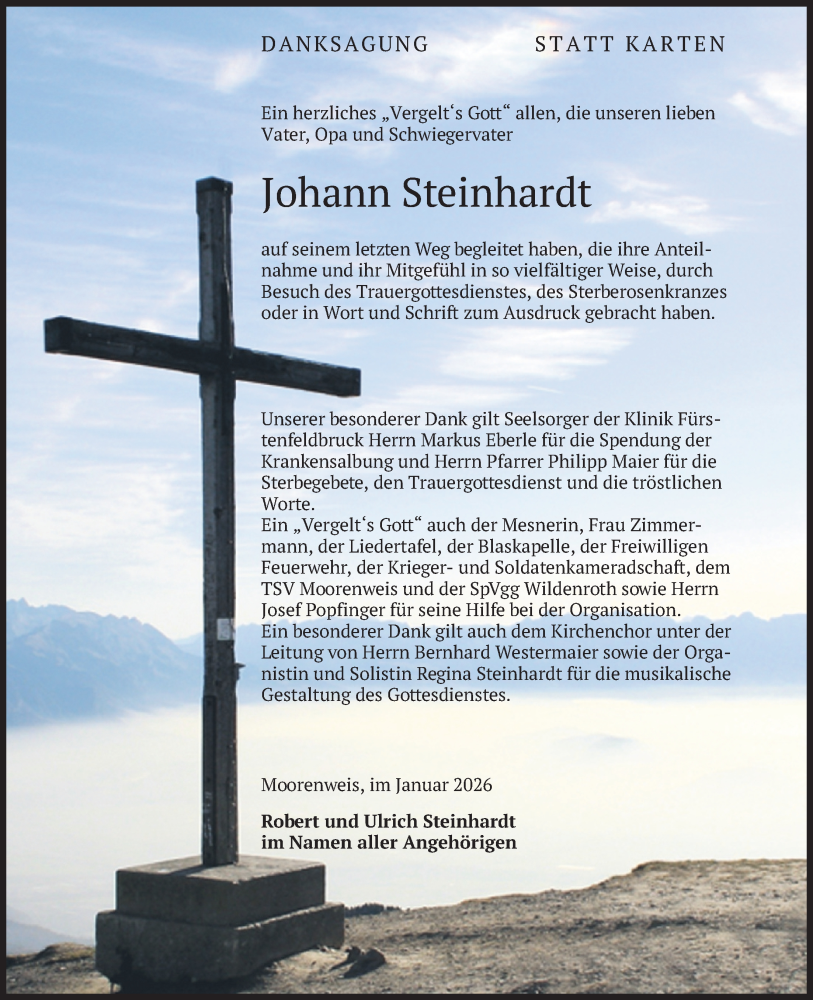  Traueranzeige für Johann Steinhardt vom 07.02.2026 aus merkurtz