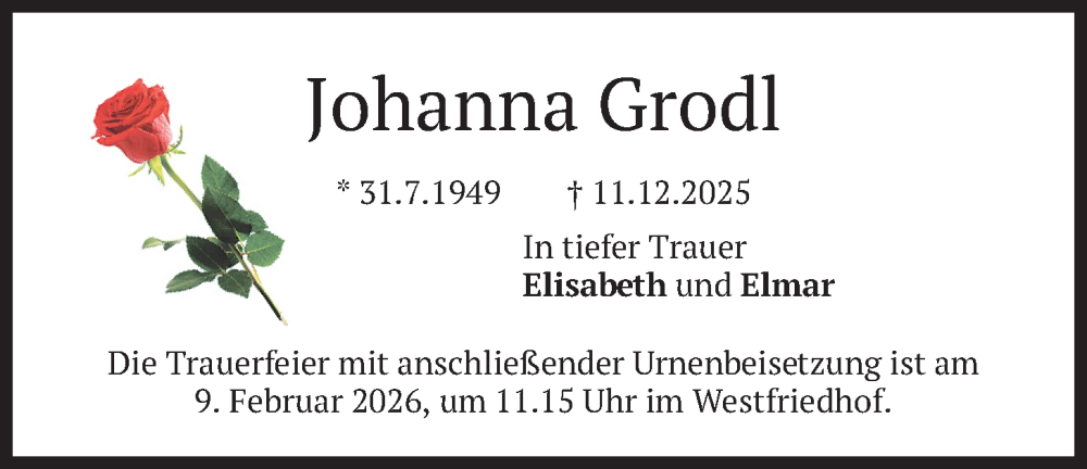  Traueranzeige für Johanna Grodl vom 05.02.2026 aus merkurtz
