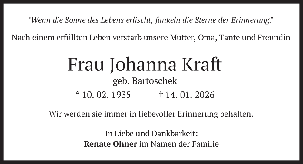  Traueranzeige für Johanna Kraft vom 14.02.2026 aus merkurtz
