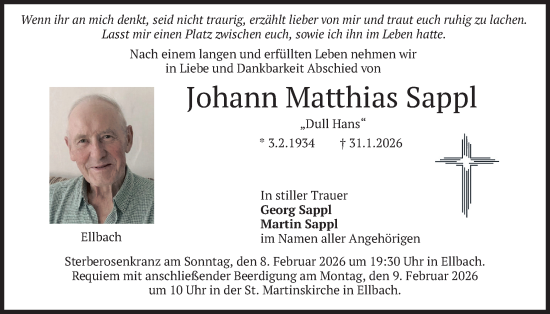 Traueranzeige von Johann Matthias Sappl von merkurtz
