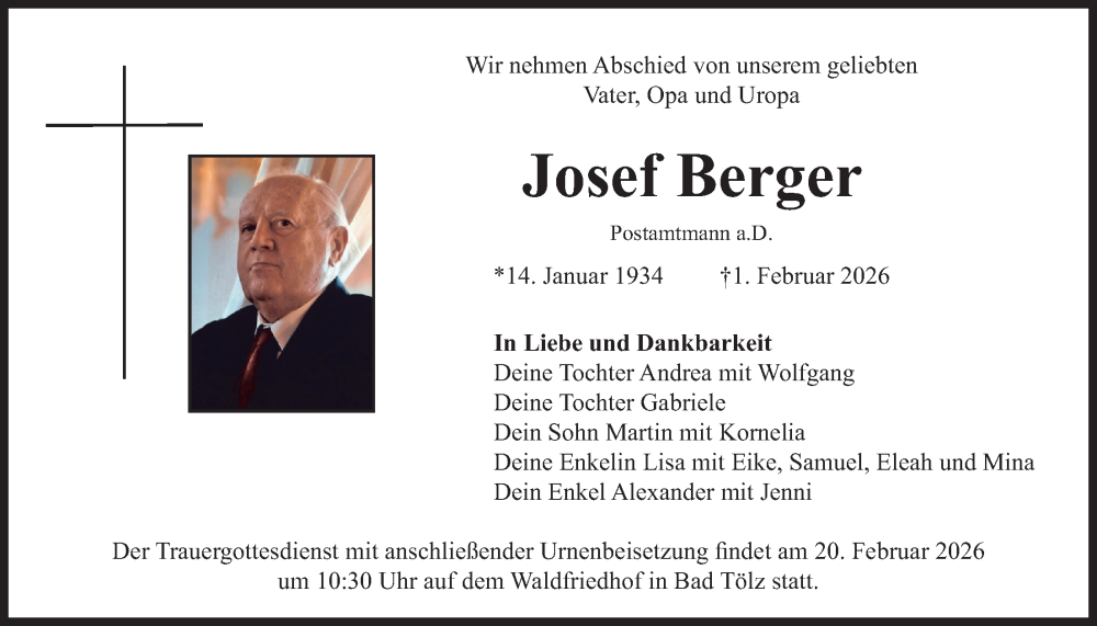 Traueranzeige für Josef Berger vom 14.02.2026 aus merkurtz
