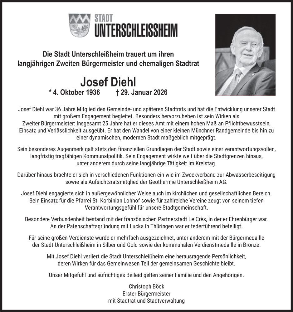  Traueranzeige für Josef Diehl vom 06.02.2026 aus merkurtz