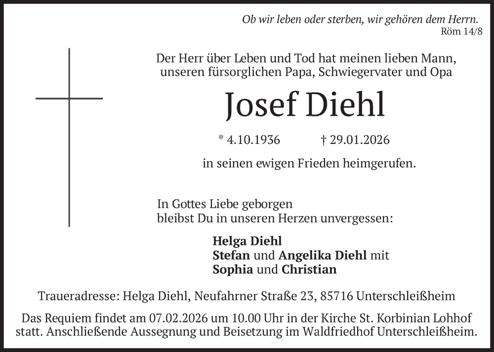  Traueranzeige für Josef Diehl vom 05.02.2026 aus merkurtz