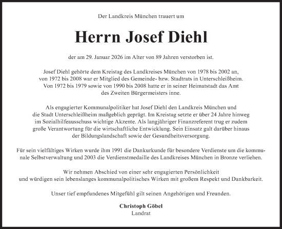 Traueranzeige von Josef Diehl von merkurtz