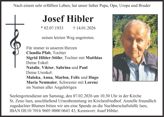 Traueranzeige von Josef Hibler von merkurtz