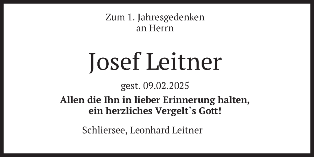  Traueranzeige für Josef Leitner vom 07.02.2026 aus merkurtz
