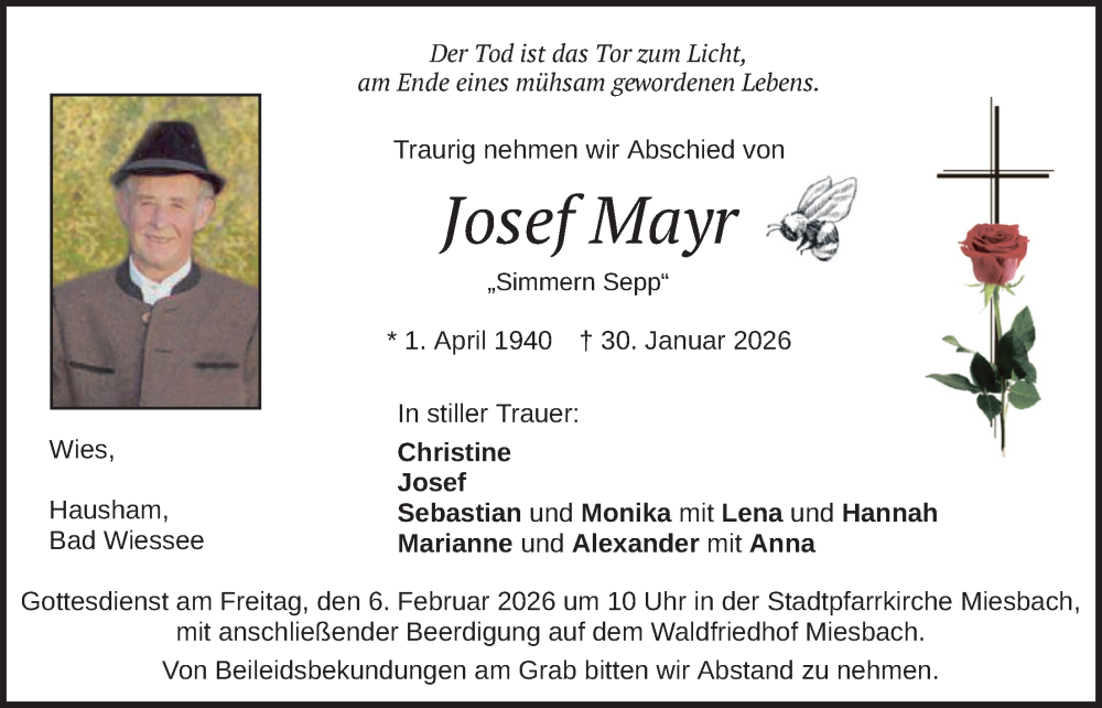  Traueranzeige für Josef Mayr vom 04.02.2026 aus merkurtz