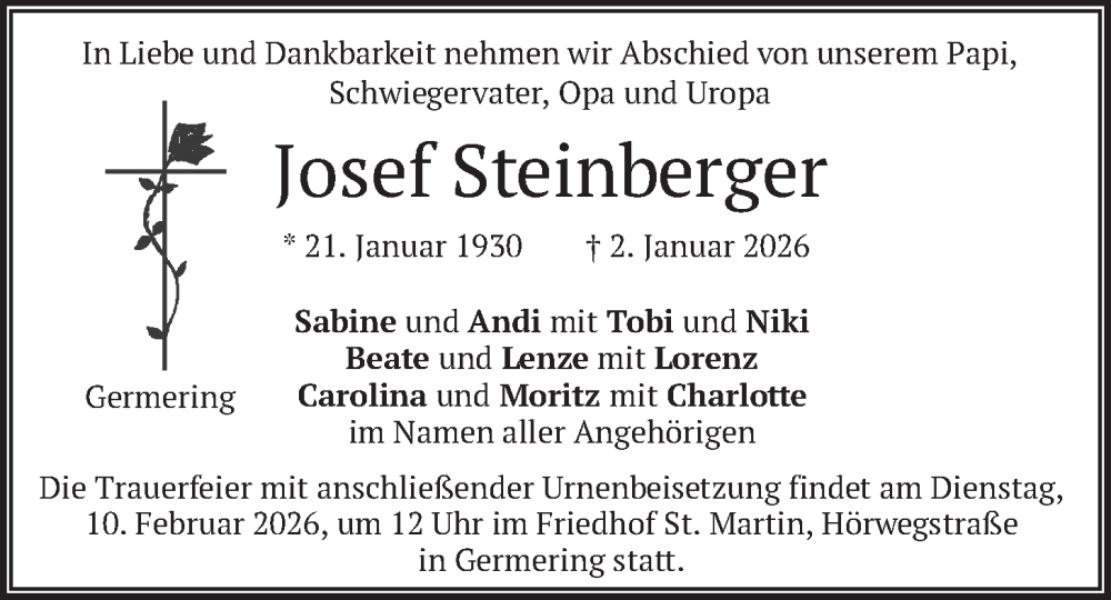 Traueranzeige für Josef Steinberger vom 07.02.2026 aus merkurtz