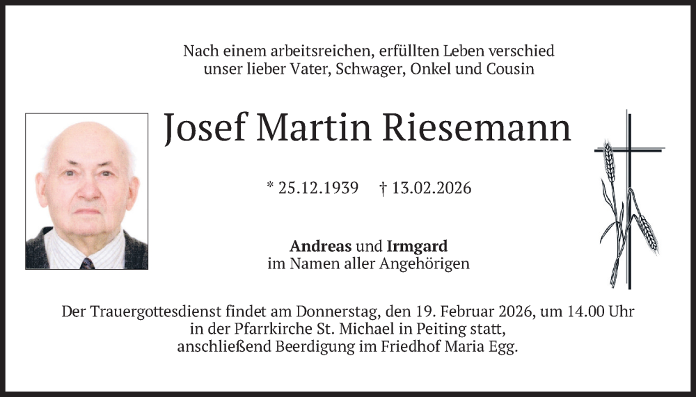  Traueranzeige für Josef Martin Riesemann vom 17.02.2026 aus merkurtz