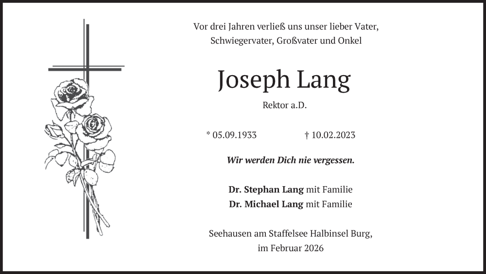  Traueranzeige für Joseph Lang vom 10.02.2026 aus merkurtz