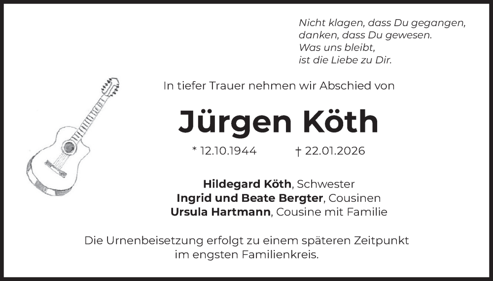  Traueranzeige für Jürgen Köth vom 07.02.2026 aus merkurtz