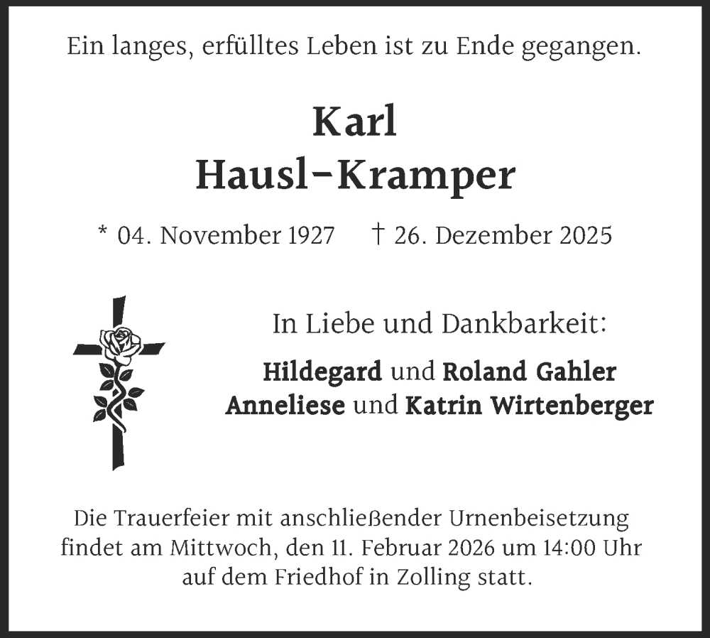  Traueranzeige für Karl Hausl-Kramper vom 07.02.2026 aus merkurtz