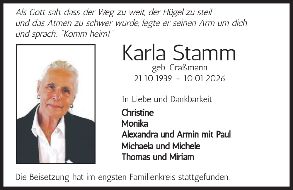  Traueranzeige für Karla Stamm vom 07.02.2026 aus merkurtz