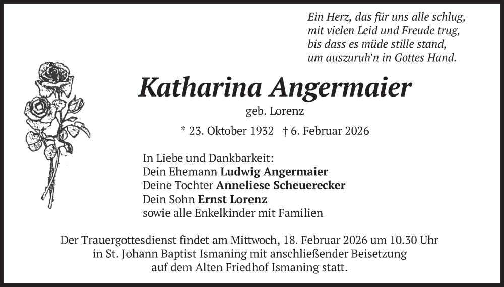  Traueranzeige für Katharina Angermaier vom 14.02.2026 aus merkurtz
