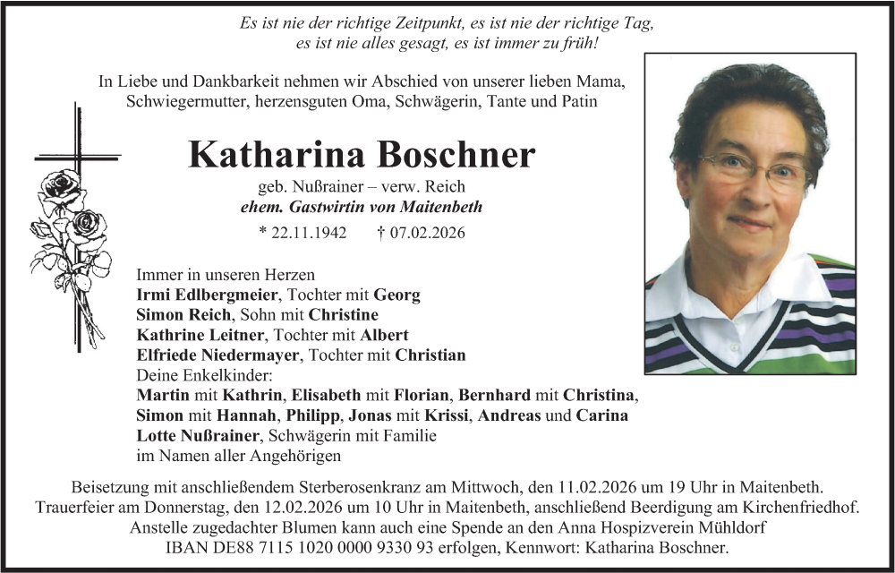  Traueranzeige für Katharina Boschner vom 10.02.2026 aus merkurtz