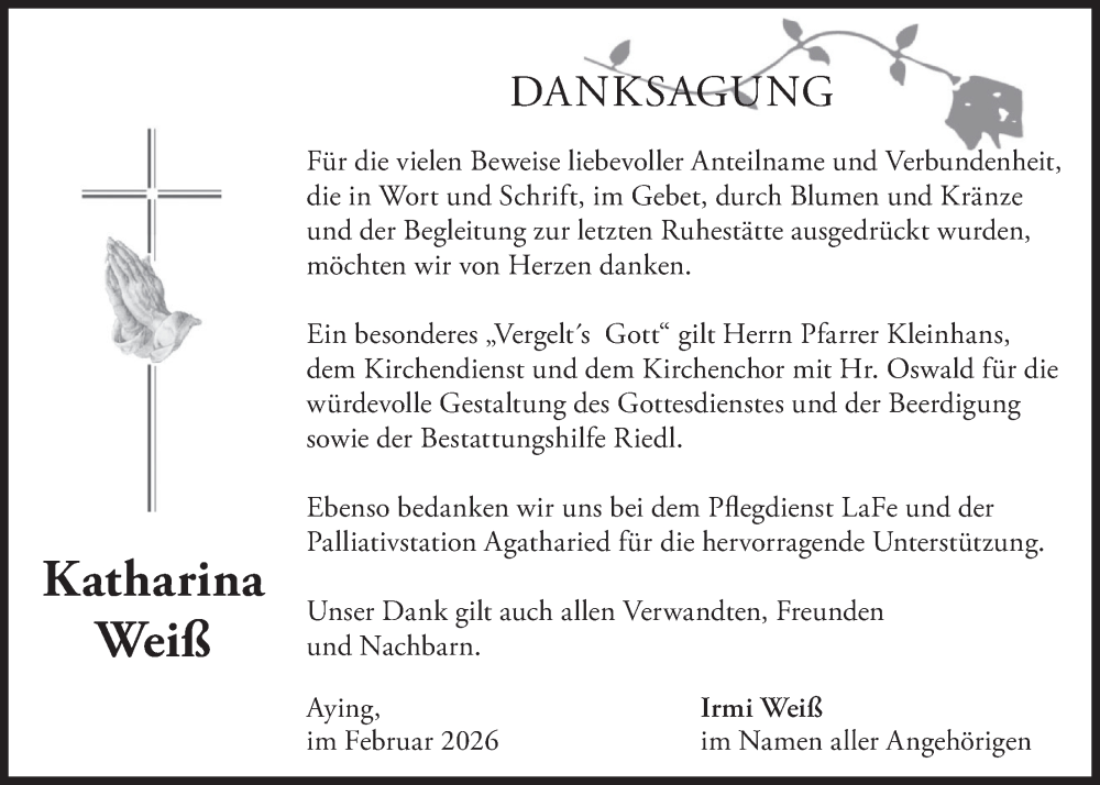  Traueranzeige für Katharina Weiß vom 07.02.2026 aus merkurtz