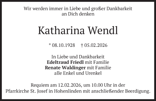 Traueranzeige von Katharina Wendl von merkurtz
