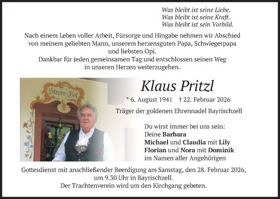 Traueranzeige von Klaus Pritzl von merkurtz