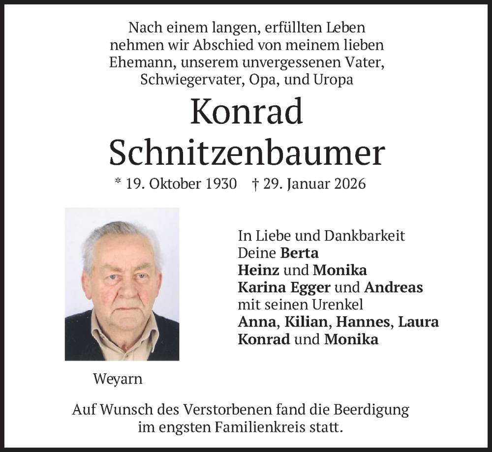 Traueranzeige für Konrad Schnitzenbaumer vom 07.02.2026 aus merkurtz