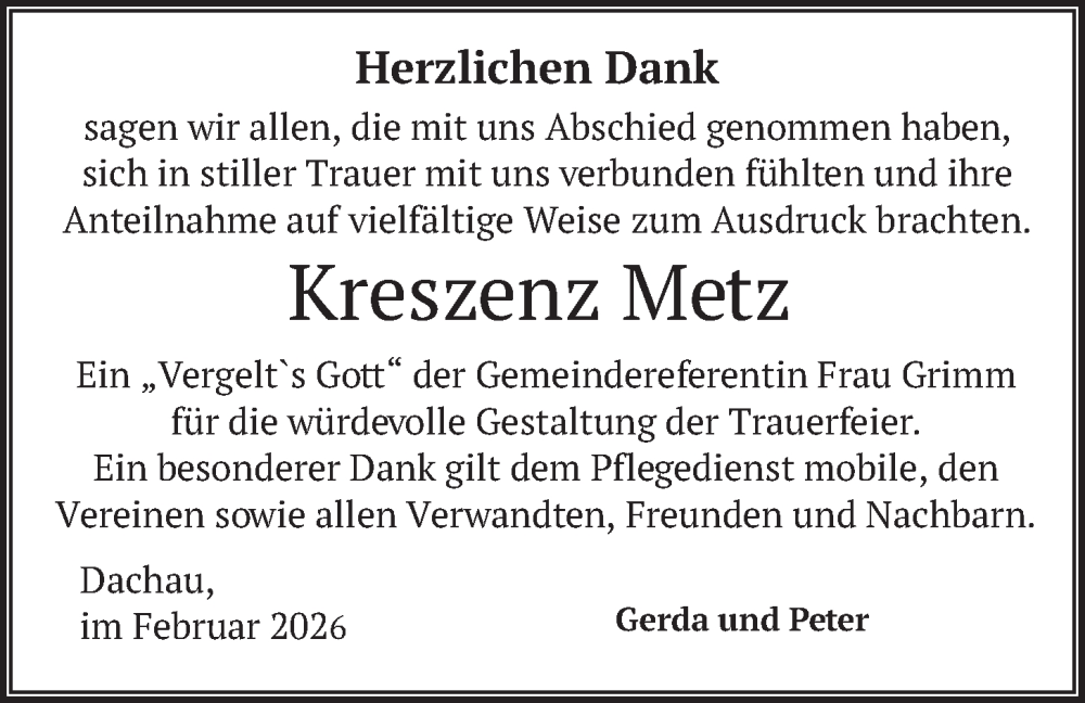  Traueranzeige für Kreszenz Metz vom 07.02.2026 aus merkurtz