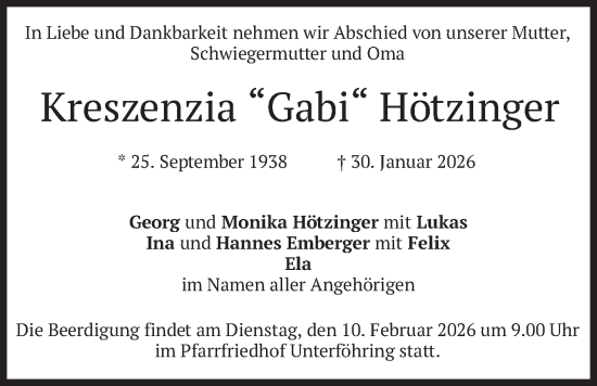 Traueranzeige von Kreszenzia Hötzinger von merkurtz