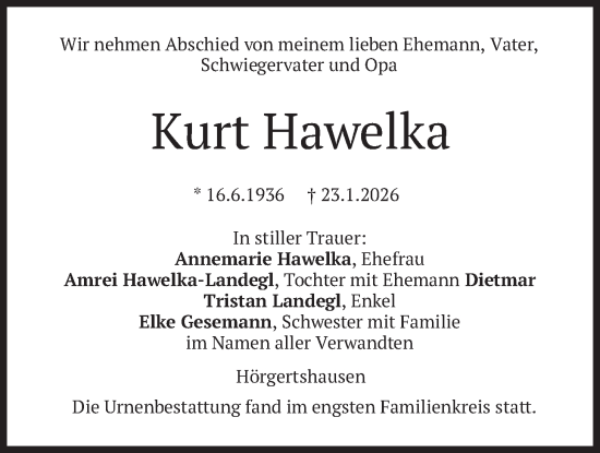 Traueranzeige von Kurt Hawelka von merkurtz