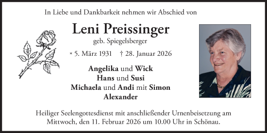 Traueranzeige von Leni Preissinger von merkurtz