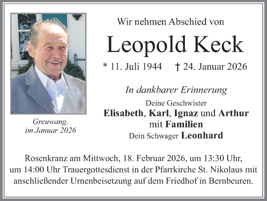 Traueranzeige von Leopold Keck von merkurtz