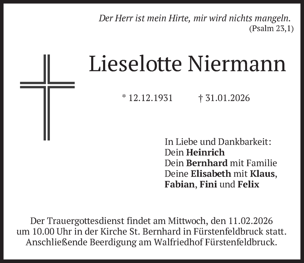  Traueranzeige für Lieselotte Niermann vom 07.02.2026 aus merkurtz