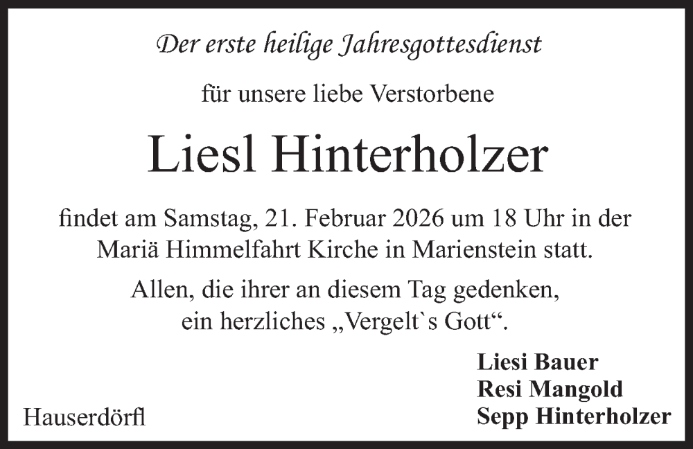  Traueranzeige für Liesl Hinterholzer vom 19.02.2026 aus merkurtz