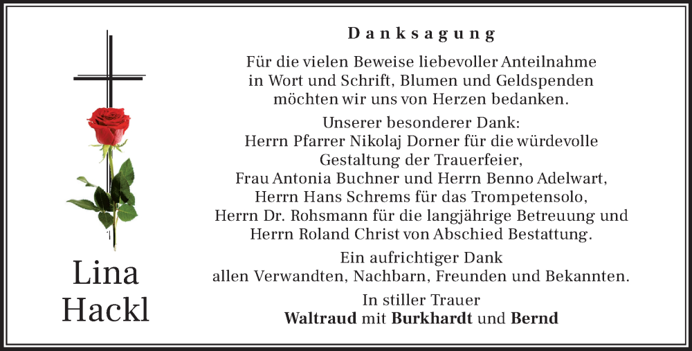  Traueranzeige für Lina Hackl vom 14.02.2026 aus Das Gelbe Blatt Penzberg