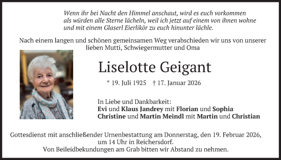 Traueranzeige von Liselotte Geigant von merkurtz