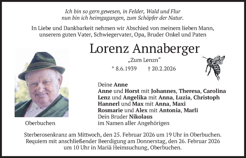  Traueranzeige für Lorenz Annaberger vom 24.02.2026 aus merkurtz