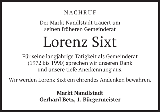 Traueranzeige von Lorenz Sixt von merkurtz