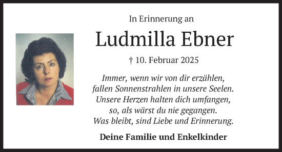 Traueranzeige von Ludmilla Ebner von merkurtz