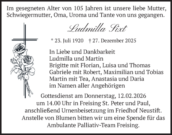 Traueranzeige von Ludmilla Sixt von merkurtz